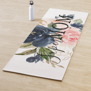 Elegant Navy Blue Pink Blush Floral Super Mum  Yoga Mat