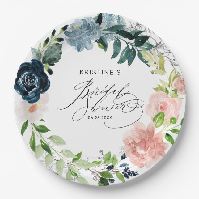 Elegant Navy Blue Pink Rose Floral Bridal Shower Paper Plate (Front)