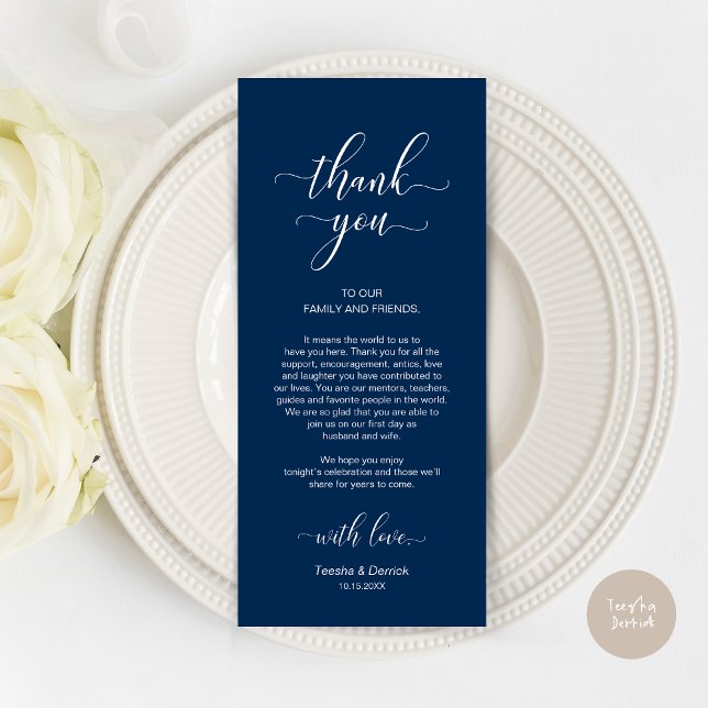Elegant Navy Blue, Place Setting Thank You Card (Wedding Dinner Place Setting Thank You Card, Modern Classy Design, Navy Blue)