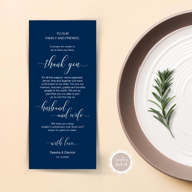 Elegant Navy Blue, Place Setting Thank You Card (Wedding Dinner Place Setting Thank You Card, Plate Decor, Modern Classy, in Navy Blue)