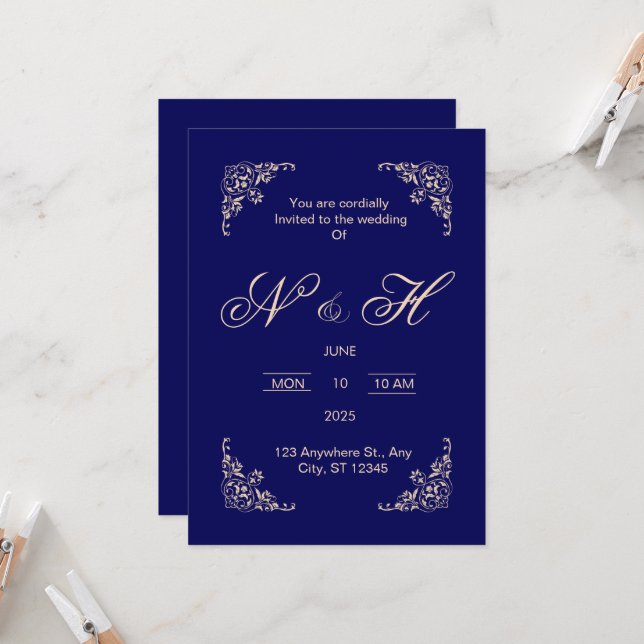  Elegant Navy Blue pop up wedding invitation (Front/Back In Situ)