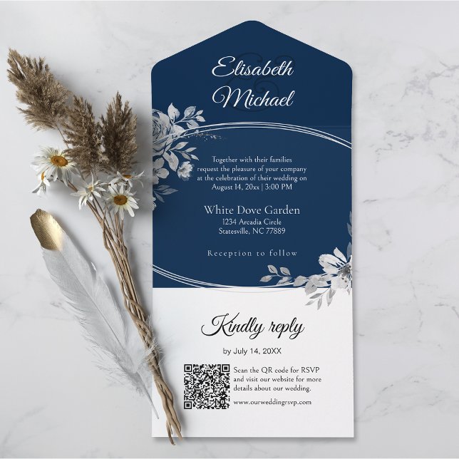 Elegant Navy Blue QR Code Monogram Wedding RSVP All In One Invitation (All-in-one wedding invitation with QR code to RSVP - Simplify and save time for you and your guests.)