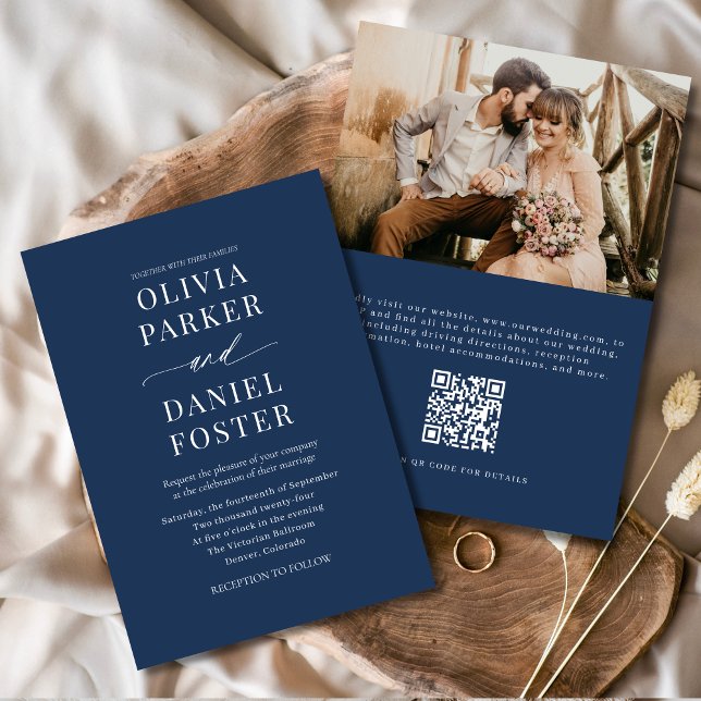 Elegant Navy Blue QR Code Photo Wedding Invitation (Creator Uploaded)