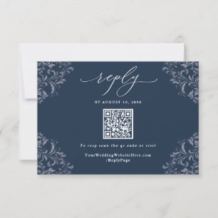 Elegant Navy Blue  QR Code Vintage Wedding RSVP Ca Card