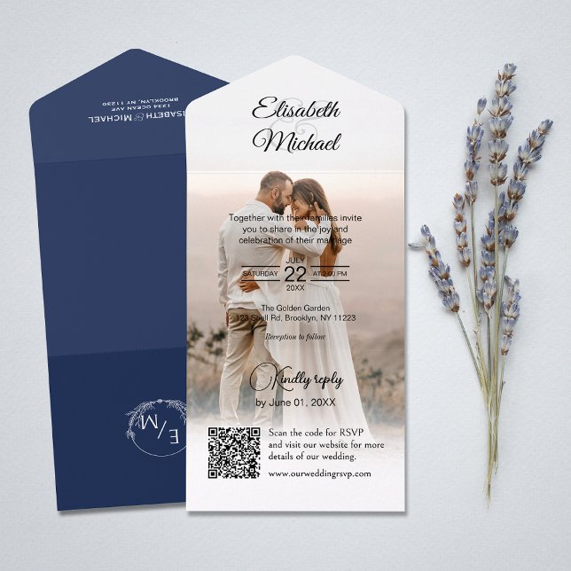 Elegant Navy Blue QR Code Website Photo Wedding All In One Invitation (All-in-one wedding invitation with QR code to RSVP - Simplify and save time for you and your guests.)