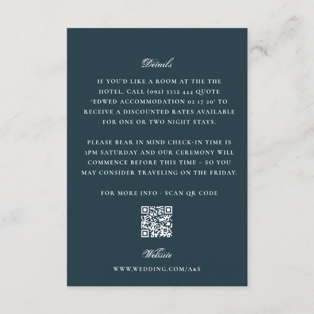 Elegant Navy Blue QR Code Wedding Details Enclosure Card (Front)