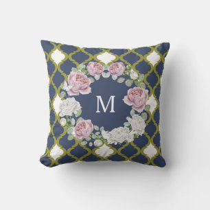 Elegant Navy Blue Quatrefoil Rose Wreath Monogram Cushion
