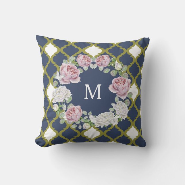 Elegant Navy Blue Quatrefoil Rose Wreath Monogram Cushion (Front)