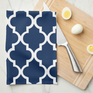 Elegant Navy Blue Quatrefoil Tiles Pattern Tea Towel