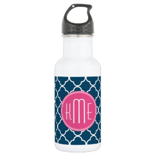 Elegant Navy Blue Quatrefoil with Pink Monogram 532 Ml Water Bottle