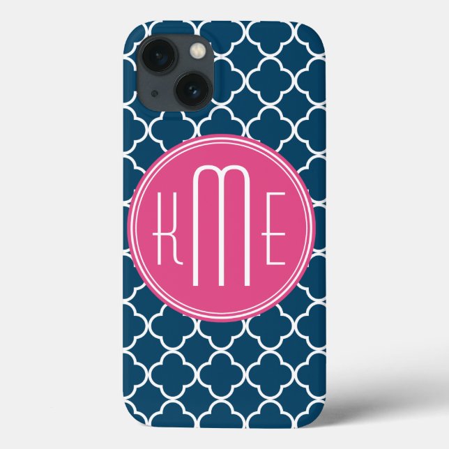 Elegant Navy Blue Quatrefoil with Pink Monogram Case-Mate iPhone Case (Back)