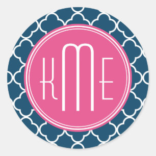 Elegant Navy Blue Quatrefoil with Pink Monogram Classic Round Sticker