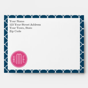 Elegant Navy Blue Quatrefoil with Pink Monogram Envelope