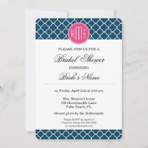 Elegant Navy Blue Quatrefoil with Pink Monogram Invitation