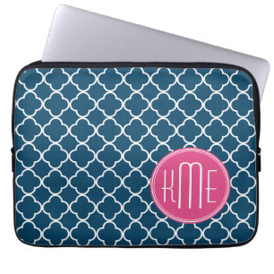Elegant Navy Blue Quatrefoil with Pink Monogram Laptop Sleeve
