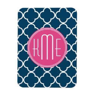 Elegant Navy Blue Quatrefoil with Pink Monogram Magnet
