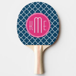 Elegant Navy Blue Quatrefoil with Pink Monogram Ping Pong Paddle