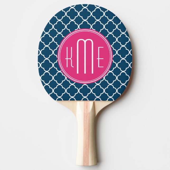 Elegant Navy Blue Quatrefoil with Pink Monogram Ping Pong Paddle (Front)