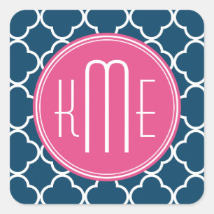Elegant Navy Blue Quatrefoil with Pink Monogram Square Sticker