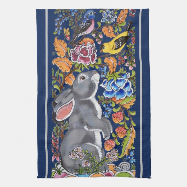 Elegant Navy Blue Rabbit & Birds Jacobean Floral Tea Towel (Vertical)
