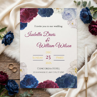Elegant Navy Blue & Red Floral Frame Invitation
