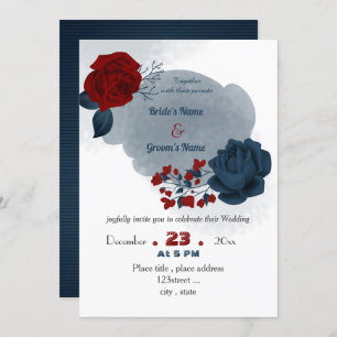 elegant navy blue & red flowers wedding invitation
