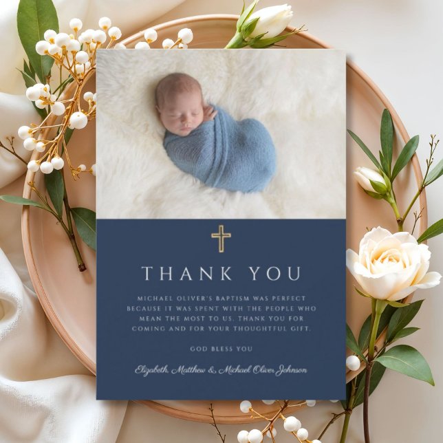 Elegant Navy Blue Religious Boy Photo Thank You Card (Elegant Navy Blue Religious Boy Photo Thank You Card)