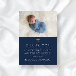 Elegant Navy Blue Religious Boy Photo Thank You Card