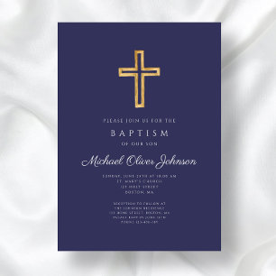 Elegant Navy Blue Religious Cross Boy Baptism Invitation