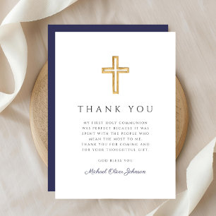Elegant Navy Blue Religious Cross First Communion Thank You Card