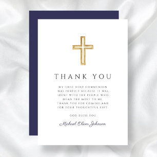 Elegant Navy Blue Religious Cross First Communion Thank You Card