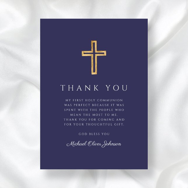 Elegant Navy Blue Religious Cross First Communion Thank You Card (Elegant Navy Blue Religious Cross First Communion Thank You Card)