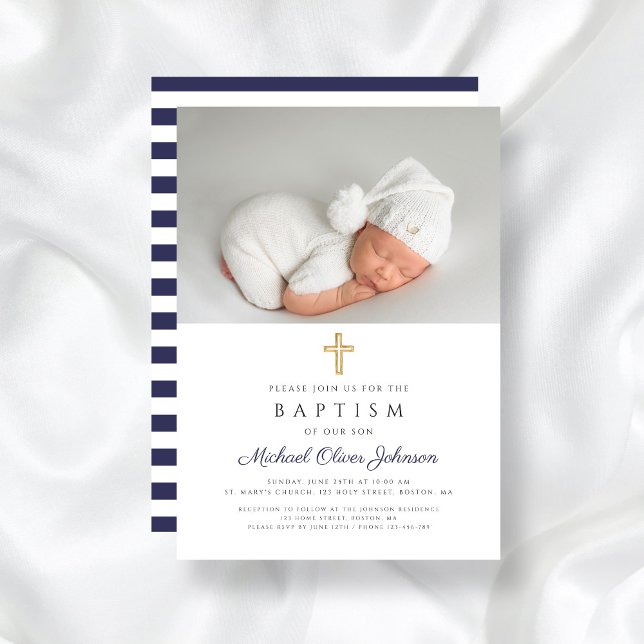 Elegant Navy Blue Religious Cross Photo Baptism Invitation (Elegant Navy Blue Religious Cross Photo Baptism Invitation)