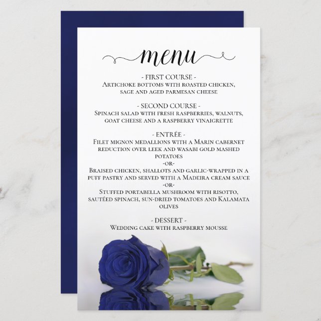 Elegant Navy Blue Rose Budget Wedding Menu (Front/Back)