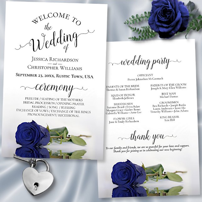 Elegant Navy Blue Rose Budget Wedding Program (In Situ Front and Back)