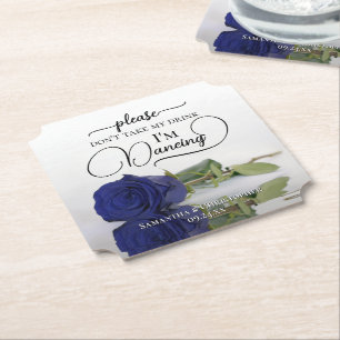Elegant Navy Blue Rose Don't Take My Drink Wedding Paper Coaster