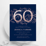Elegant Navy Blue Rose Gold 60th Birthday Invitation<br><div class="desc">Elegant navy blue rose gold 60th birthday party invitation. Customisable modern feminine design featuring roses botanical accents and faux glitter rose gold. Simple floral invite card perfect for a stylish female bday celebration. Personalise with your own details. Printed Zazzle invitations or instant download digital printable template.</div>
