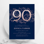 Elegant Navy Blue Rose Gold 90th Birthday Invitation<br><div class="desc">Elegant navy blue rose gold 90th birthday party invitation. Customisable modern feminine design featuring roses botanical accents and faux glitter rose gold. Simple floral invite card perfect for a stylish female bday celebration. Personalise with your own details. Printed Zazzle invitations or instant download digital printable template.</div>