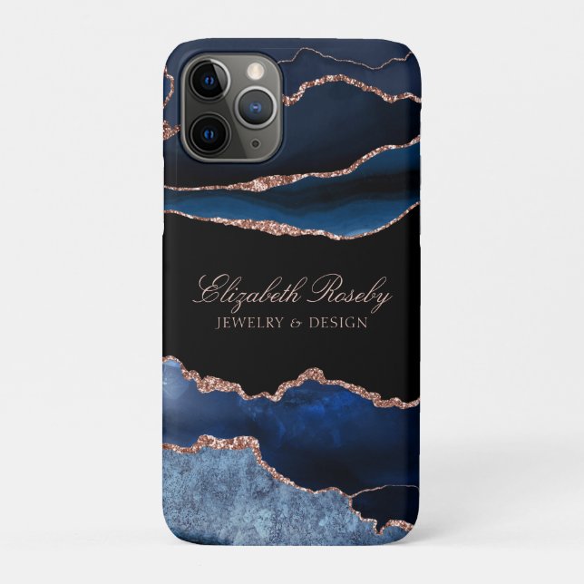 Elegant Navy Blue Rose Gold Agate Black Business Case-Mate iPhone Case (Back)