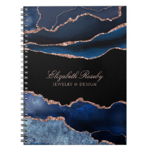 Elegant Navy Blue Rose Gold Agate Geode Business Notebook