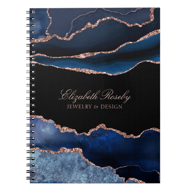 Elegant Navy Blue Rose Gold Agate Geode Business Notebook (Front)