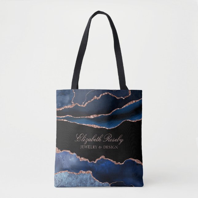 Elegant Navy Blue Rose Gold Agate Geode Business Tote Bag (Front)