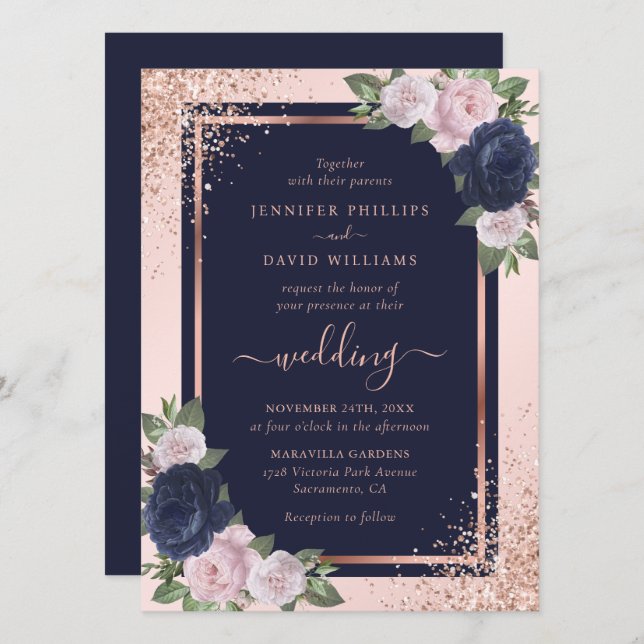 Elegant Navy Blue Rose Gold Blush Floral Wedding Invitation (Front/Back)