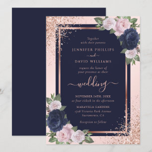 Elegant Navy Blue Rose Gold Blush Floral Wedding Invitation