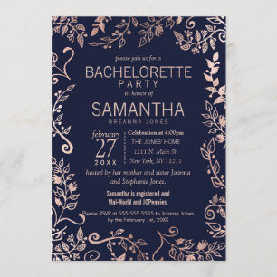 Elegant Navy Blue Rose Gold Floral Bachelorette Invitation