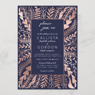 Elegant Navy Blue Rose Gold Floral Leaf Wedding Invitation