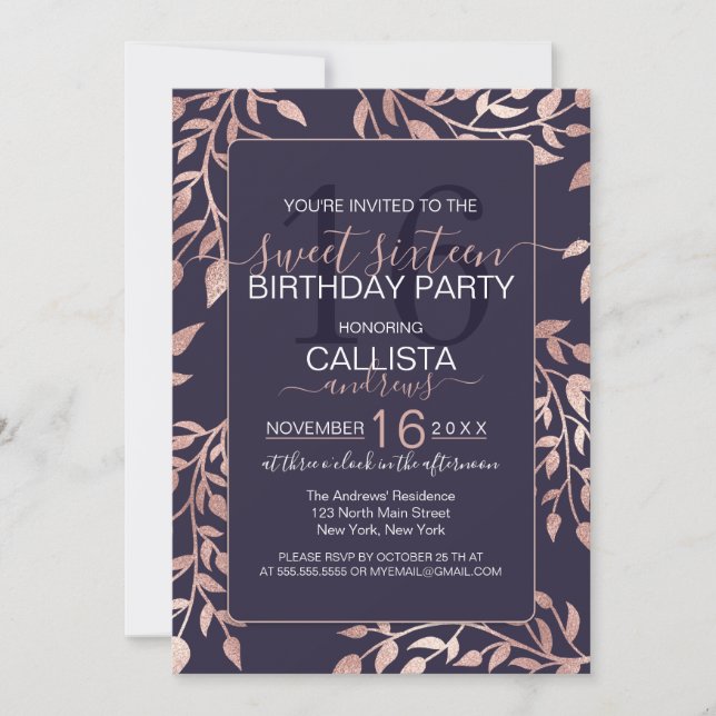 Elegant Navy Blue Rose Gold Floral Leaves Sweet 16 Invitation (Front)