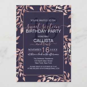 Elegant Navy Blue Rose Gold Floral Leaves Sweet 16 Invitation