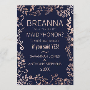 Elegant Navy Blue Rose Gold Floral Maid of Honour Invitation