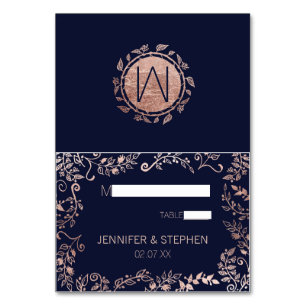 Elegant Navy Blue Rose Gold Floral Name Place Card